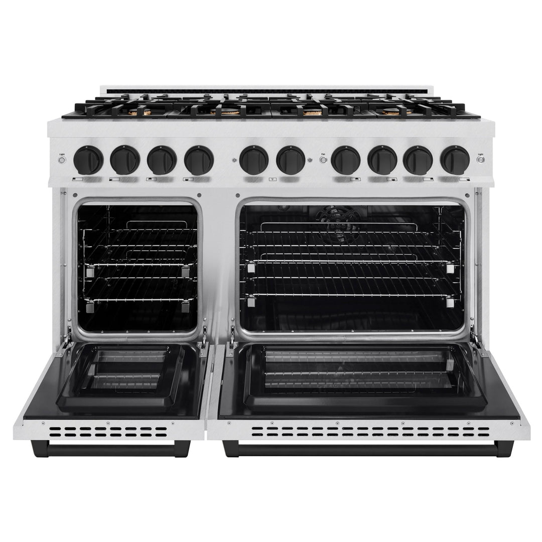 ZLINE Autograph Edition 48 in. 6.7 cu. ft. Select Double Oven Dual Fuel Range with 8 Burner Gas Cooktop in Satin Stainless Steel and Matte Black Accents (HDRSZ-48-MB)