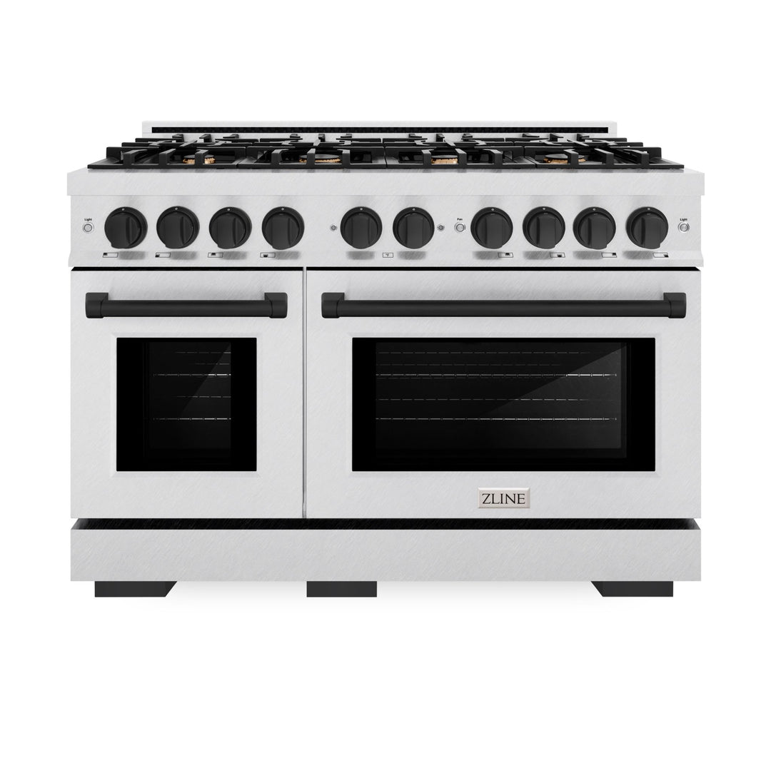 ZLINE Autograph Edition 48 in. 6.7 cu. ft. Select Double Oven Dual Fuel Range with 8 Burner Gas Cooktop in Satin Stainless Steel and Matte Black Accents (HDRSZ-48-MB)