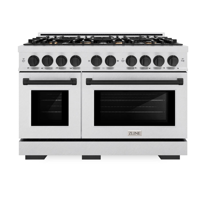 ZLINE Autograph Edition 48 in. 6.7 cu. ft. Select Double Oven Dual Fuel Range with 8 Burner Gas Cooktop in Satin Stainless Steel and Matte Black Accents (HDRSZ-48-MB)