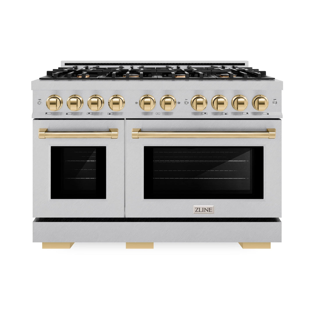 ZLINE Autograph Edition 48 in. 6.7 cu. ft. Select Double Oven Dual Fuel Range with 8 Burner Gas Cooktop in Satin Stainless Steel and Polished Gold Accents (HDRSZ-48-G)