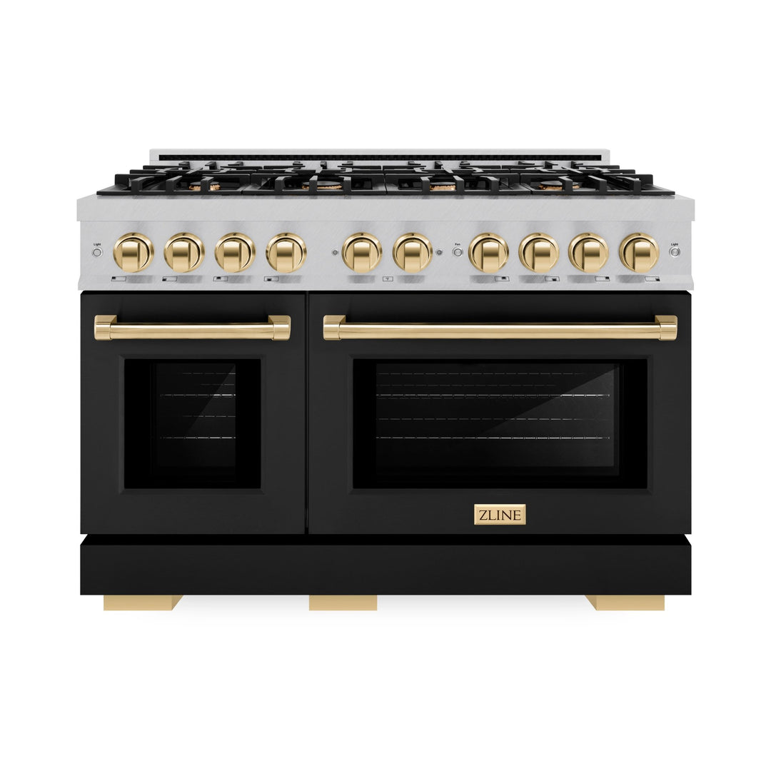 ZLINE Autograph Edition 48 in. 6.7 cu. ft. Select Double Oven Dual Fuel Range with 8 Burner Gas Cooktop in Satin Stainless Steel with Black Matte Doors and Polished Gold Accents (HDRSZ-BLM-48-G)