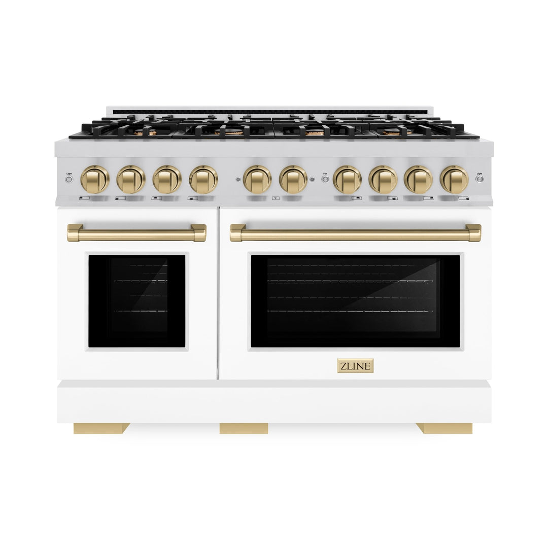 ZLINE Autograph Edition 48 in. 6.7 cu. ft. Select Double Oven Dual Fuel Range with 8 Burner Gas Cooktop in Satin Stainless Steel with White Matte Doors and Champagne Bronze Accents (HDRSZ-WM-48-CB)