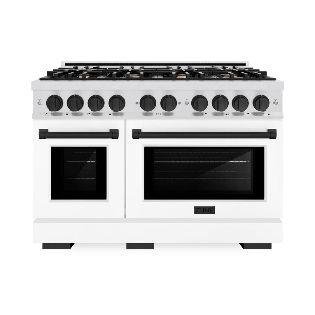 ZLINE Autograph Edition 48 in. 6.7 cu. ft. Select Double Oven Dual Fuel Range with 8 Burner Gas Cooktop in Satin Stainless Steel with White Matte Doors and Matte Black Accents (HDRSZ-WM-48-MB)