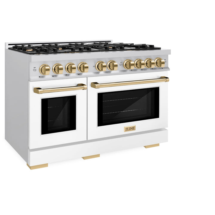 ZLINE Autograph Edition 48 in. 6.7 cu. ft. Select Double Oven Dual Fuel Range with 8 Burner Gas Cooktop in Satin Stainless Steel with White Matte Doors and Polished Gold Accents (HDRSZ-WM-48-G)