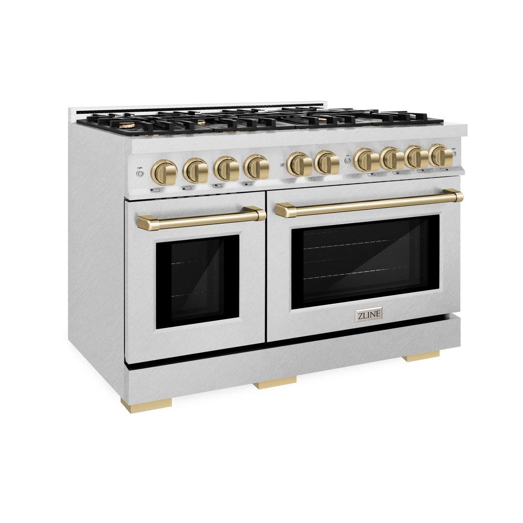 ZLINE Autograph Edition 48 in. 6.7 cu. ft. Select Double Oven Gas Range with 8 Burner Cooktop in Satin Stainless Steel and Champagne Bronze Accents (HGRSZ-48-CB)