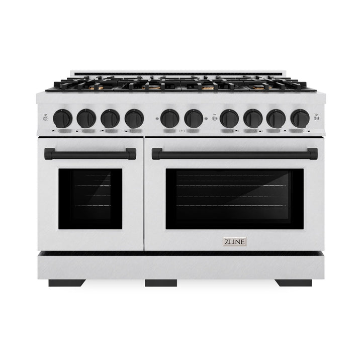 ZLINE Autograph Edition 48 in. 6.7 cu. ft. Select Double Oven Gas Range with 8 Burner Cooktop in Satin Stainless Steel and Matte Black Accents (HGRSZ-48-MB)