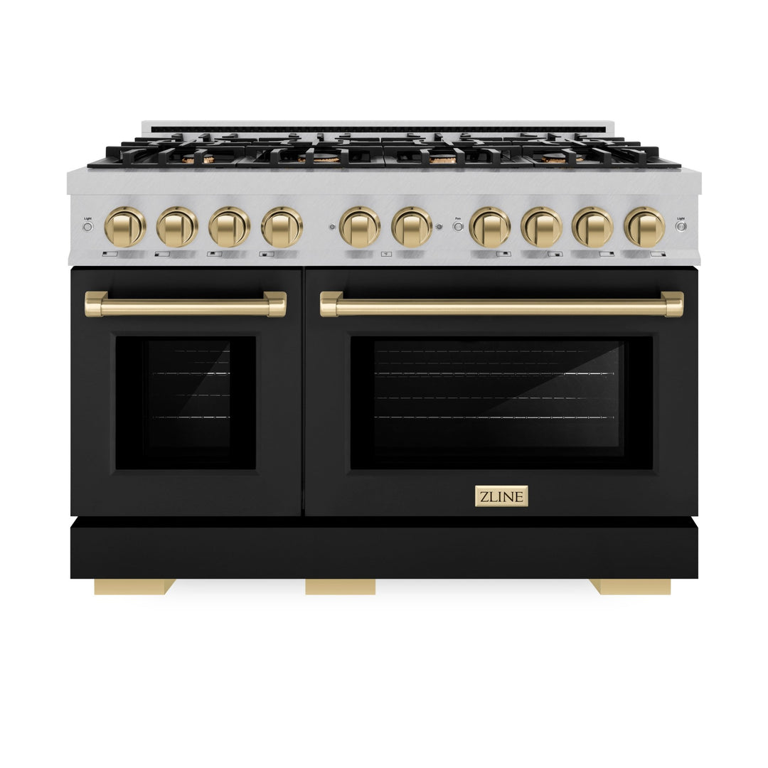 ZLINE Autograph Edition 48 in. 6.7 cu. ft. Select Double Oven Gas Range with 8 Burner Cooktop in Satin Stainless Steel with Black Matte Doors and Champagne Bronze Accents (HGRSZ-BLM-48-CB)