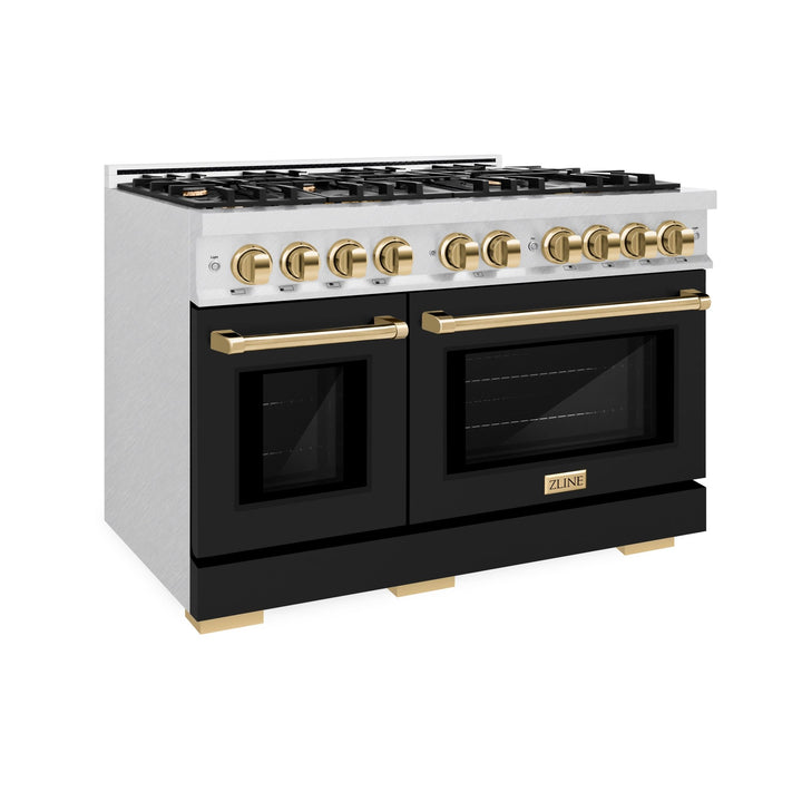 ZLINE Autograph Edition 48 in. 6.7 cu. ft. Select Double Oven Gas Range with 8 Burner Cooktop in Satin Stainless Steel with Black Matte Doors and Polished Gold Accents (HGRSZ-BLM-48-G)