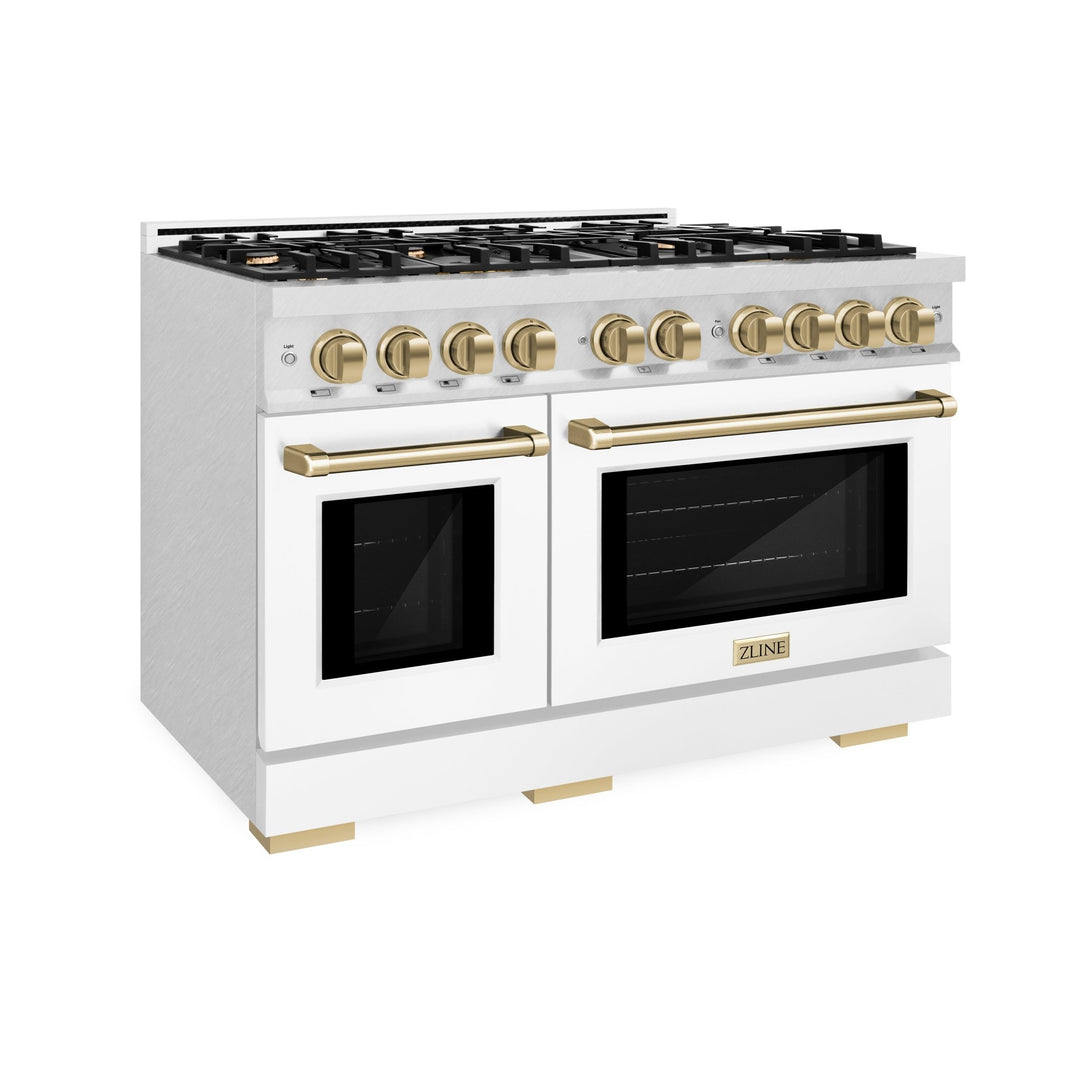 ZLINE Autograph Edition 48 in. 6.7 cu. ft. Select Double Oven Gas Range with 8 Burner Cooktop in Satin Stainless Steel with White Matte Doors and Champagne Bronze Accents (HGRSZ-WM-48-CB)