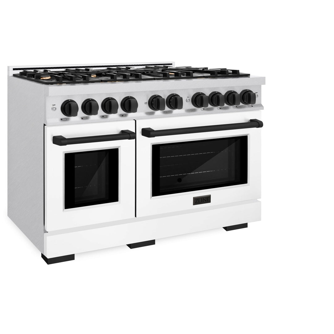 ZLINE Autograph Edition 48 in. 6.7 cu. ft. Select Double Oven Gas Range with 8 Burner Cooktop in Satin Stainless Steel with White Matte Doors and Matte Black Accents (HGRSZ-WM-48-MB)