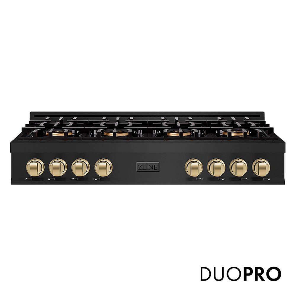 ZLINE Autograph Edition 48 in. Classic Gas Rangetop with 8 Burner DuoProâ„¢ Cooktop in Black Stainless Steel and Champagne Bronze Accents (PCRTBZ-48-CB)