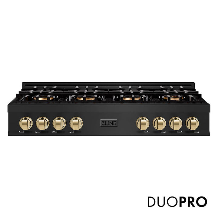ZLINE Autograph Edition 48 in. Classic Gas Rangetop with 8 Burner DuoProâ„¢ Cooktop in Black Stainless Steel and Champagne Bronze Accents (PCRTBZ-48-CB)