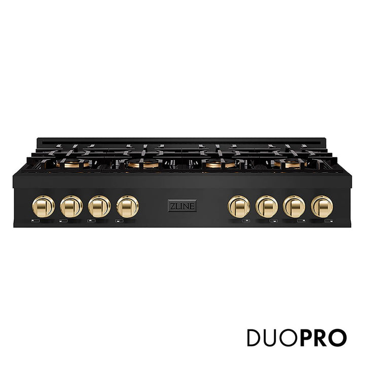 ZLINE Autograph Edition 48 in. Classic Gas Rangetop with 8 Burner DuoProâ„¢ Cooktop in Black Stainless Steel and Polished Gold Accents (PCRTBZ-48-G)