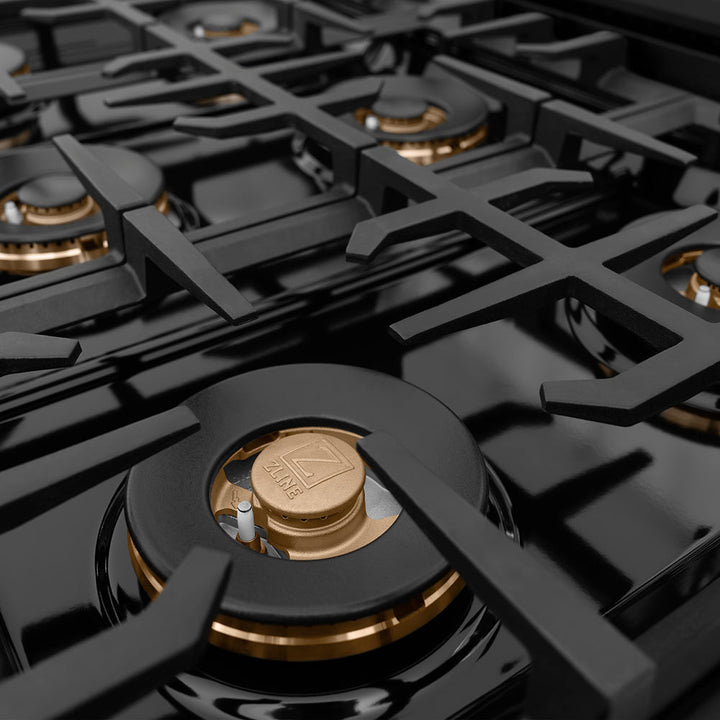 ZLINE Autograph Edition 48 in. Classic Gas Rangetop with 8 Burner DuoProâ„¢ Cooktop in Black Stainless Steel and Polished Gold Accents (PCRTBZ-48-G)