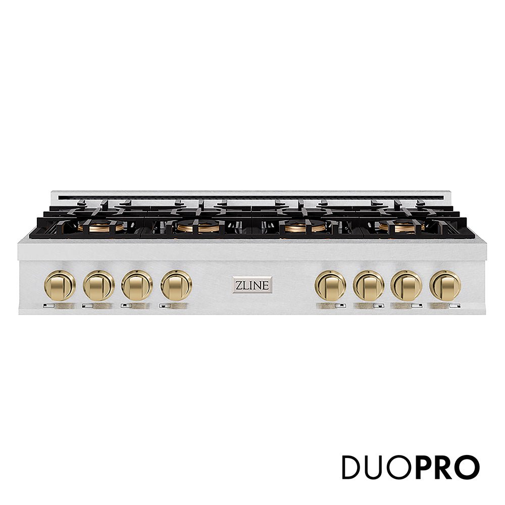 ZLINE Autograph Edition 48 in. Classic Gas Rangetop with 8 Burner DuoProâ„¢ Cooktop in Satin Stainless Steel and Champagne Bronze Accents (PCRTSZ-48-CB)