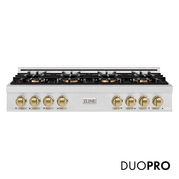 ZLINE Autograph Edition 48 in. Classic Gas Rangetop with 8 Burner DuoProâ„¢ Cooktop in Satin Stainless Steel and Champagne Bronze Accents (PCRTSZ-48-CB)