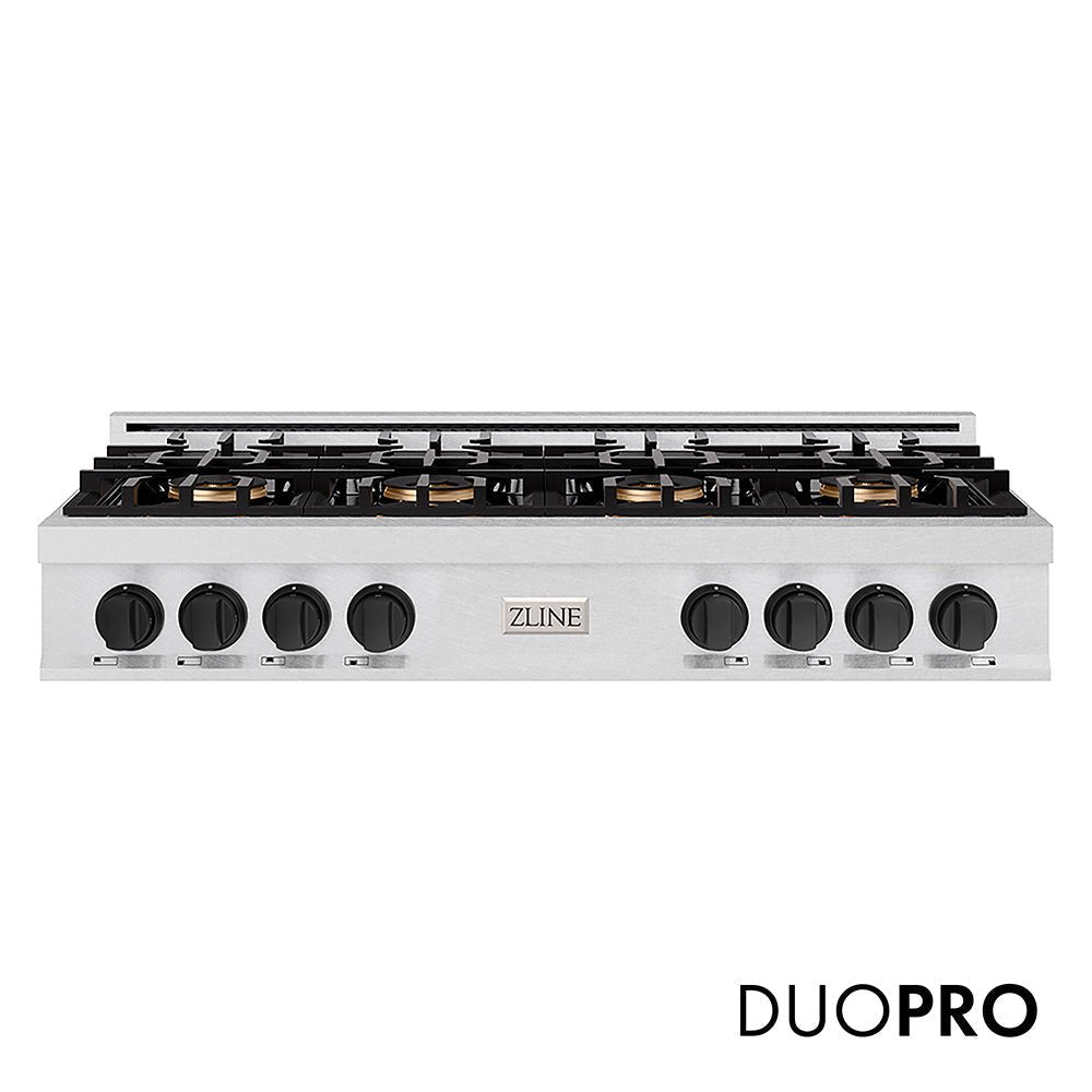 ZLINE Autograph Edition 48 in. Classic Gas Rangetop with 8 Burner DuoProâ„¢ Cooktop in Satin Stainless Steel and Matte Black Accents (PCRTSZ-48-MB)