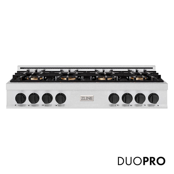 ZLINE Autograph Edition 48 in. Classic Gas Rangetop with 8 Burner DuoProâ„¢ Cooktop in Satin Stainless Steel and Matte Black Accents (PCRTSZ-48-MB)
