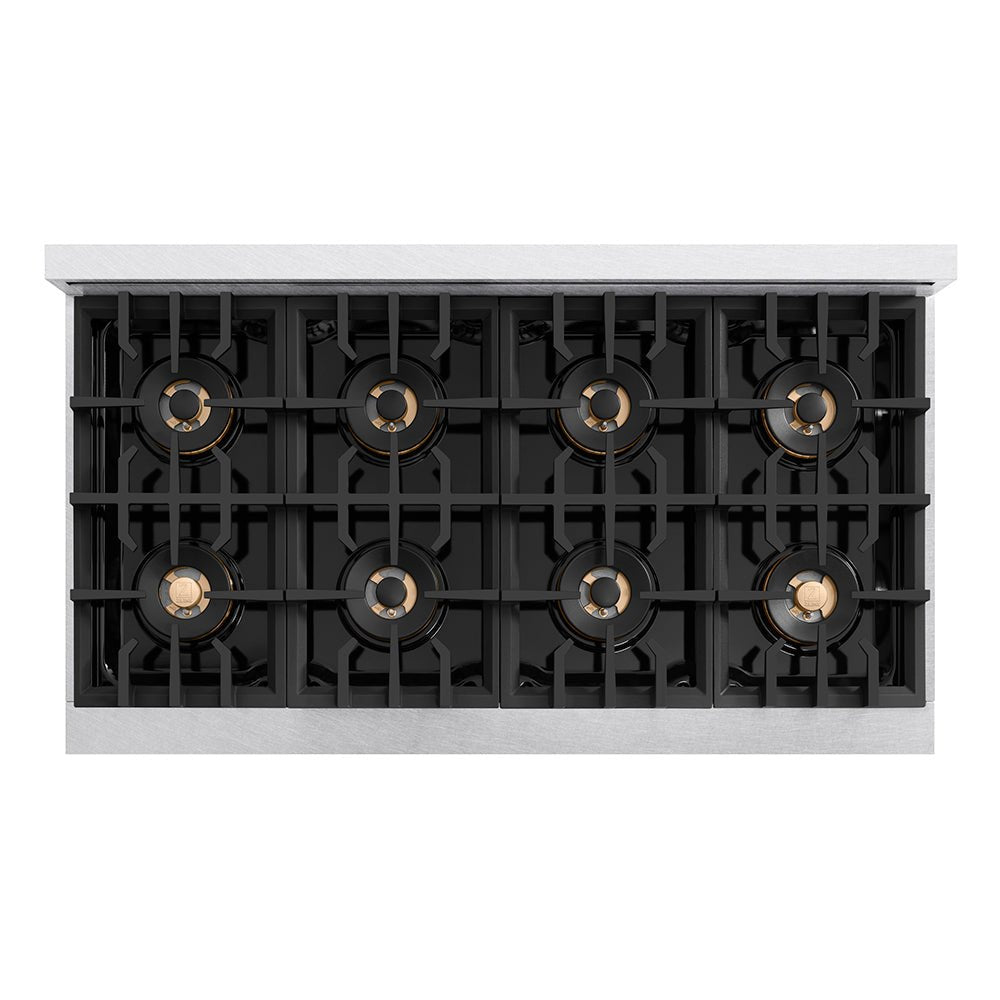 ZLINE Autograph Edition 48 in. Classic Gas Rangetop with 8 Burner DuoProâ„¢ Cooktop in Satin Stainless Steel and Polished Gold Accents (PCRTSZ-48-G)