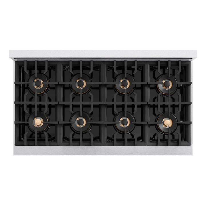 ZLINE Autograph Edition 48 in. Classic Gas Rangetop with 8 Burner DuoProâ„¢ Cooktop in Satin Stainless Steel and Polished Gold Accents (PCRTSZ-48-G)