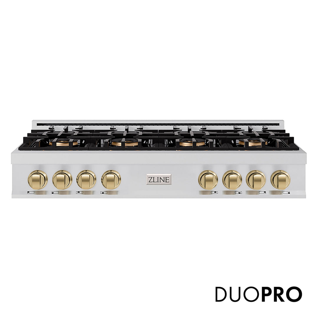 ZLINE Autograph Edition 48 in. Classic Gas Rangetop with 8 Burner DuoProâ„¢ Cooktop in Stainless Steel and Champagne Bronze Accents (PCRTZ-48-CB)