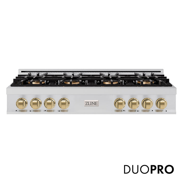 ZLINE Autograph Edition 48 in. Classic Gas Rangetop with 8 Burner DuoProâ„¢ Cooktop in Stainless Steel and Champagne Bronze Accents (PCRTZ-48-CB)