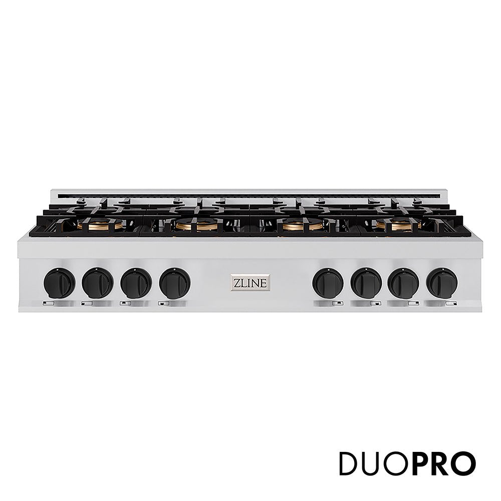 ZLINE Autograph Edition 48 in. Classic Gas Rangetop with 8 Burner DuoProâ„¢ Cooktop in Stainless Steel and Matte Black Accents (PCRTZ-48-MB)