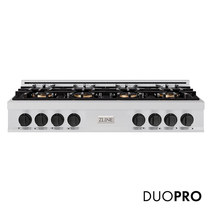 ZLINE Autograph Edition 48 in. Classic Gas Rangetop with 8 Burner DuoProâ„¢ Cooktop in Stainless Steel and Matte Black Accents (PCRTZ-48-MB)