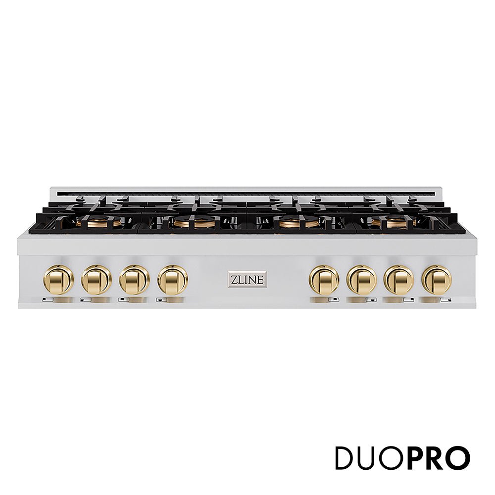 ZLINE Autograph Edition 48 in. Classic Gas Rangetop with 8 Burner DuoProâ„¢ Cooktop in Stainless Steel and Polished Gold Accents (PCRTZ-48-G)