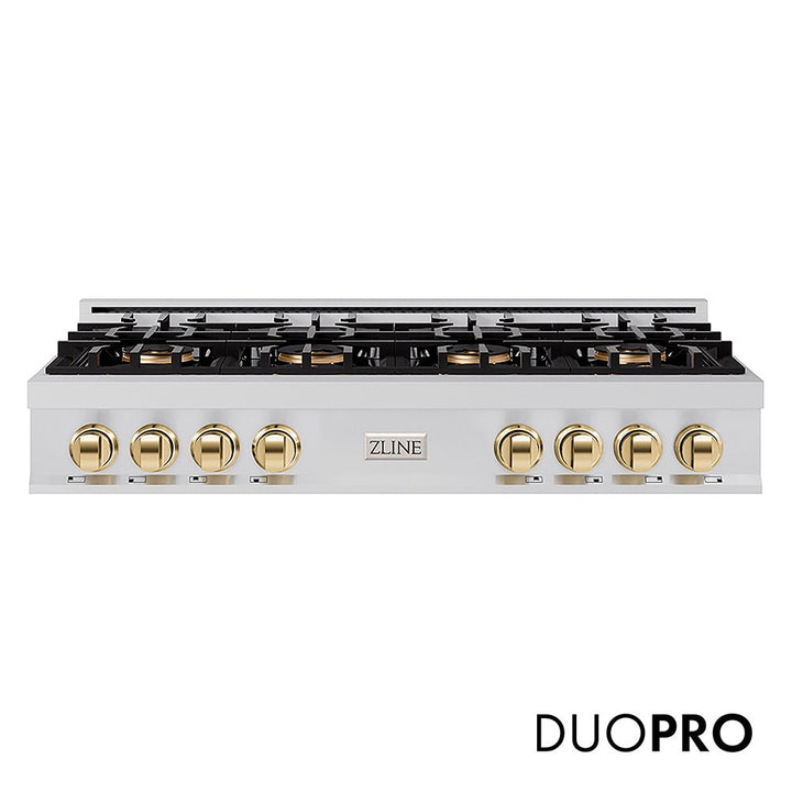 ZLINE Autograph Edition 48 in. Classic Gas Rangetop with 8 Burner DuoProâ„¢ Cooktop in Stainless Steel and Polished Gold Accents (PCRTZ-48-G)