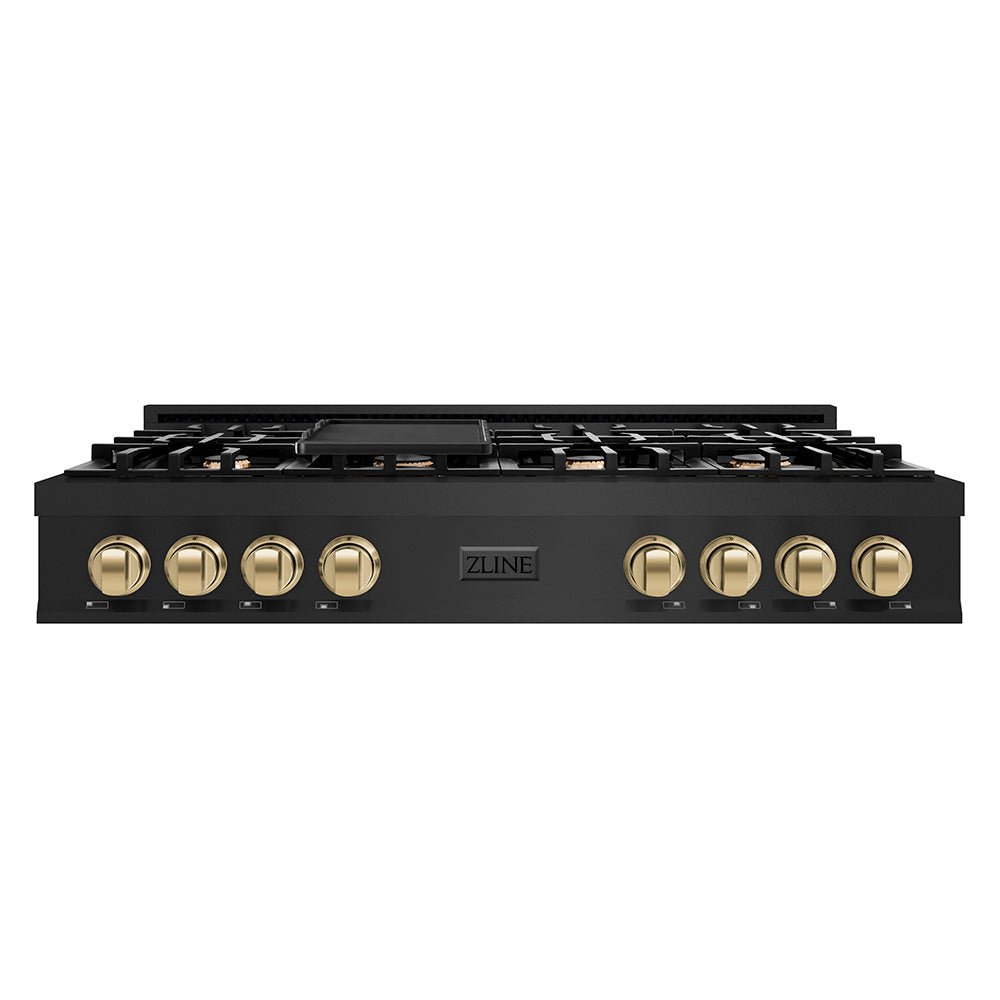 ZLINE Autograph Edition 48 in. Classic Gas Rangetop with 8 Burners and Porcelain Cooktop in Black Stainless Steel with Champagne Bronze Accents (RTBZ-48-CB)