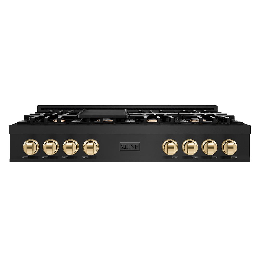 ZLINE Autograph Edition 48 in. Classic Gas Rangetop with 8 Burners and Porcelain Cooktop in Black Stainless Steel with Polished Gold Accents (RTBZ-48-G)