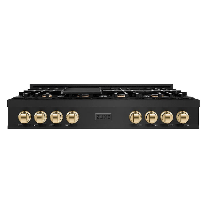 ZLINE Autograph Edition 48 in. Classic Gas Rangetop with 8 Burners and Porcelain Cooktop in Black Stainless Steel with Polished Gold Accents (RTBZ-48-G)