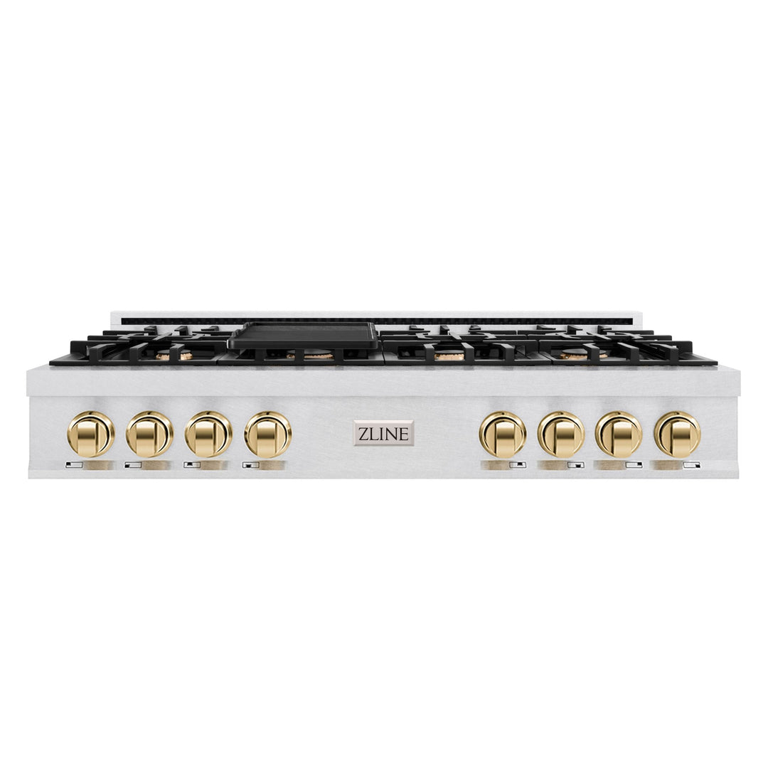 ZLINE Autograph Edition 48 in. Classic Gas Rangetop with 8 Burners and Porcelain Cooktop in Satin Stainless Steel with Polished Gold Accents (RTSZ-48-G)
