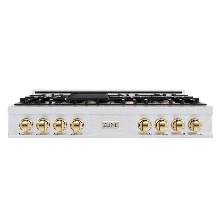 ZLINE Autograph Edition 48 in. Classic Gas Rangetop with 8 Burners and Porcelain Cooktop in Satin Stainless Steel with Polished Gold Accents (RTSZ-48-G)