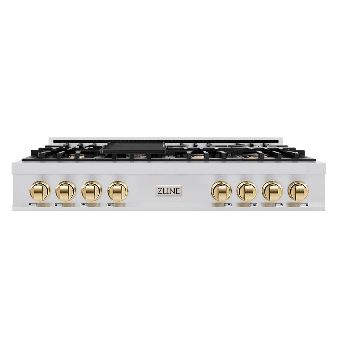 ZLINE Autograph Edition 48 in. Classic Gas Rangetop with 8 Burners and Porcelain Cooktop in Stainless Steel with Polished Gold Accents (RTZ-48-G)