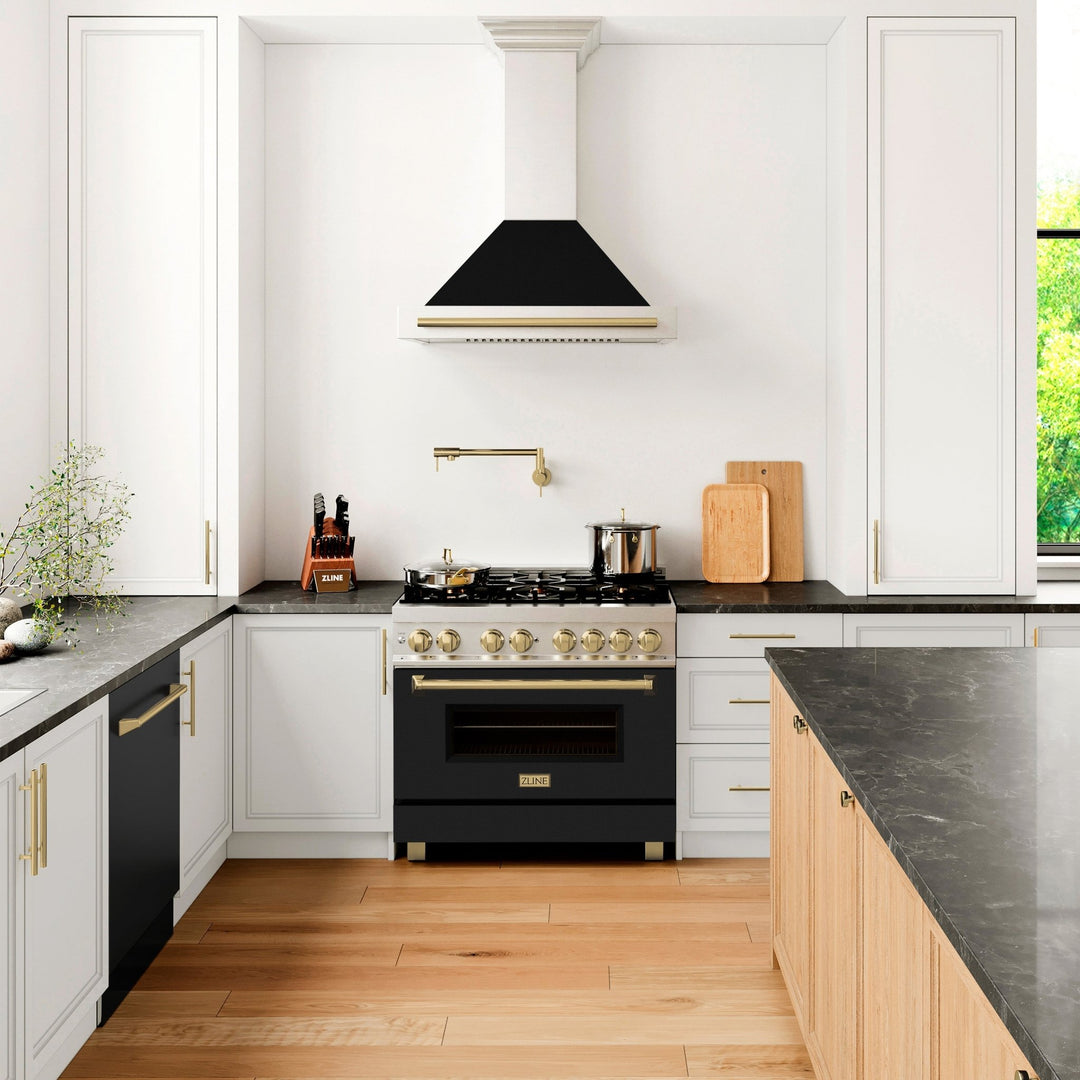 ZLINE Autograph Edition 48 in. Convertible Satin Stainless Steel Wall Mount Range Hood with Black Matte Shell and Polished Gold Handle (KB4SNZ-BLM48-G)