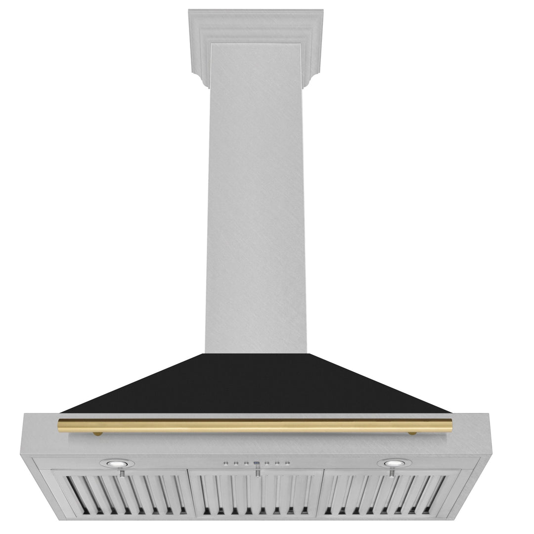 ZLINE Autograph Edition 48 in. Convertible Satin Stainless Steel Wall Mount Range Hood with Black Matte Shell and Polished Gold Handle (KB4SNZ-BLM48-G)