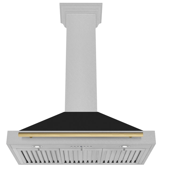 ZLINE Autograph Edition 48 in. Convertible Satin Stainless Steel Wall Mount Range Hood with Black Matte Shell and Polished Gold Handle (KB4SNZ-BLM48-G)