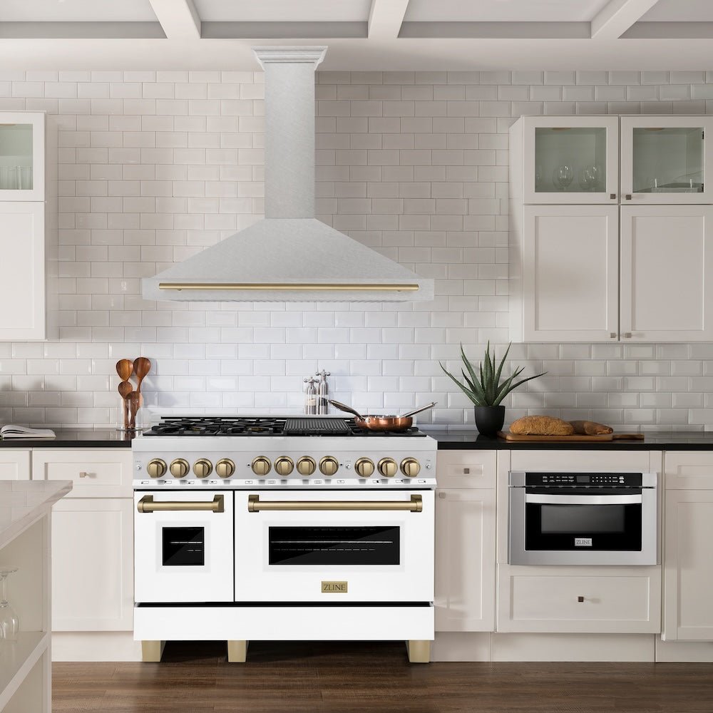 ZLINE Autograph Edition 48 in. Convertible Satin Stainless Steel Wall Mount Range Hood with Champagne Bronze Handle (KB4SNZ-48-CB)
