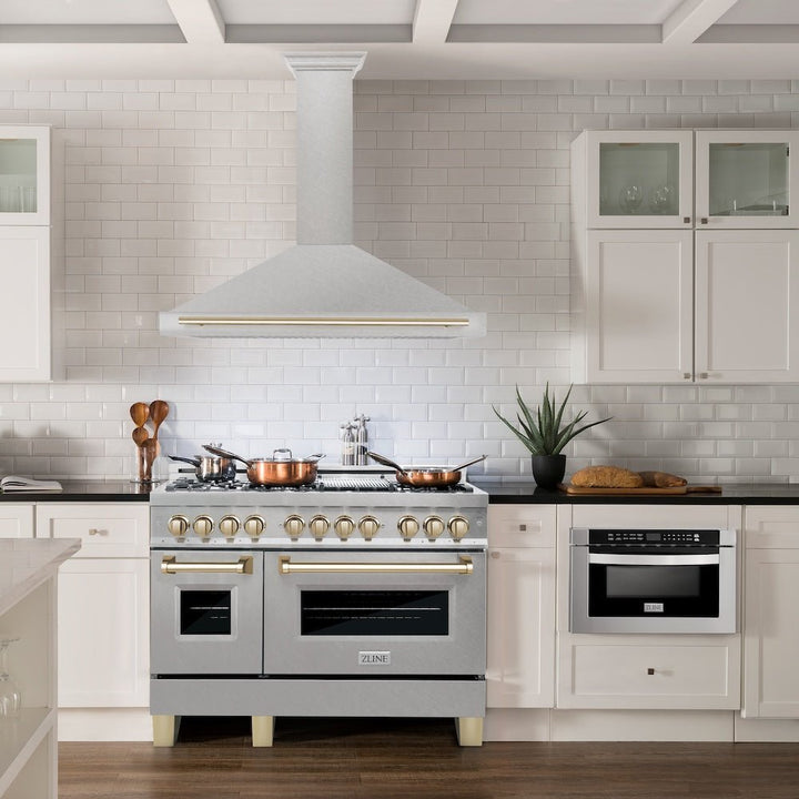 ZLINE Autograph Edition 48 in. Convertible Satin Stainless Steel Wall Mount Range Hood with Polished Gold Handle (KB4SNZ-48-G)