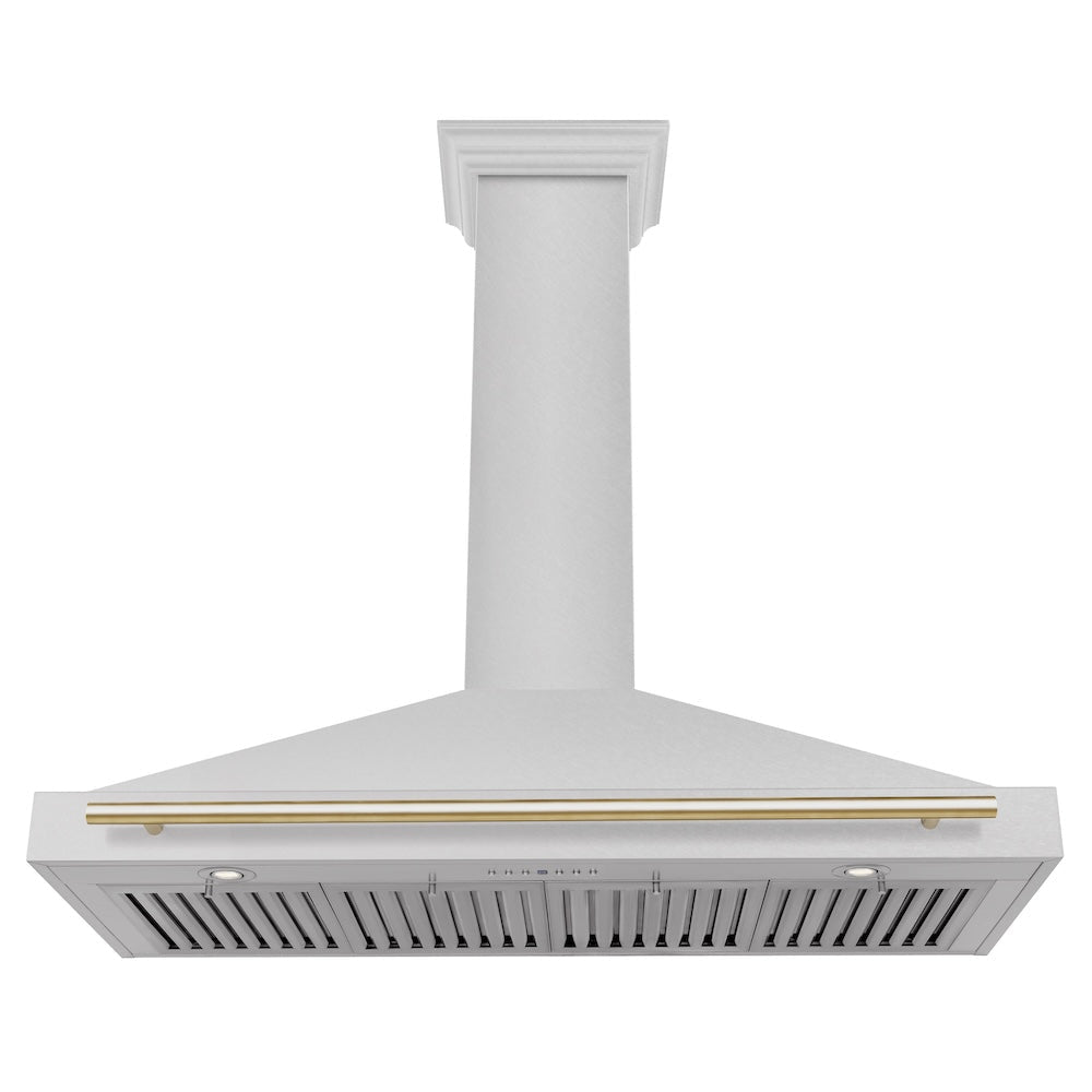 ZLINE Autograph Edition 48 in. Convertible Satin Stainless Steel Wall Mount Range Hood with Polished Gold Handle (KB4SNZ-48-G)