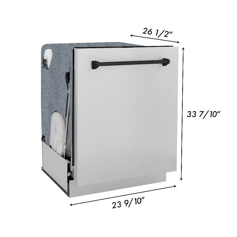 ZLINE Autograph Edition 48 in. Kitchen Package with Stainless Steel Dual Fuel Range, Range Hood, Dishwasher and Refrigeration Including External Water Dispenser with Matte Black Accents (4AKPR-RARHDWM48-MB)