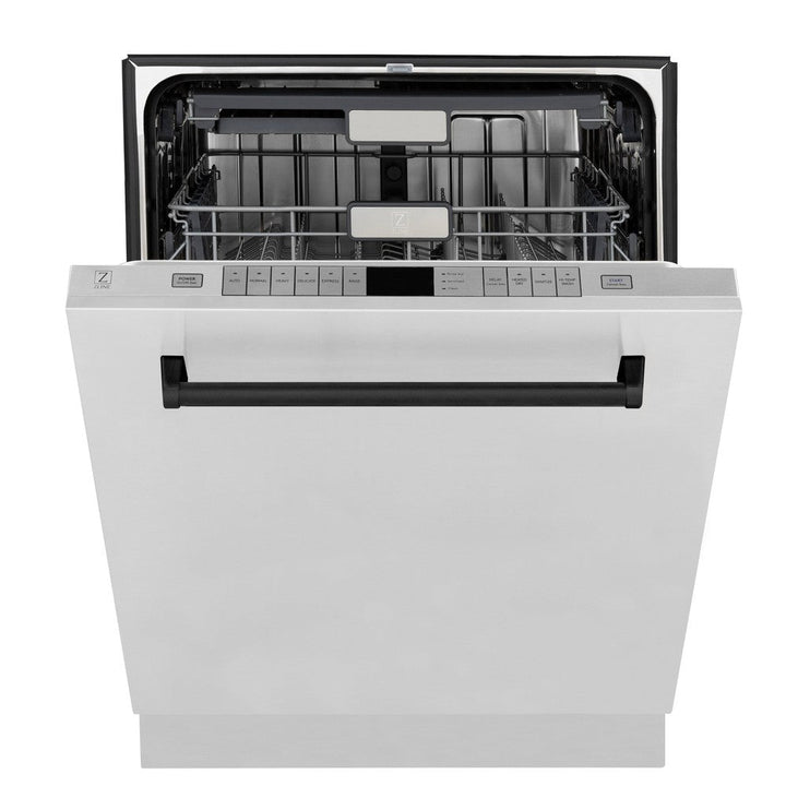 ZLINE Autograph Edition 48 in. Kitchen Package with Stainless Steel Dual Fuel Range, Range Hood, Dishwasher and Refrigeration Including External Water Dispenser with Matte Black Accents (4AKPR-RARHDWM48-MB)