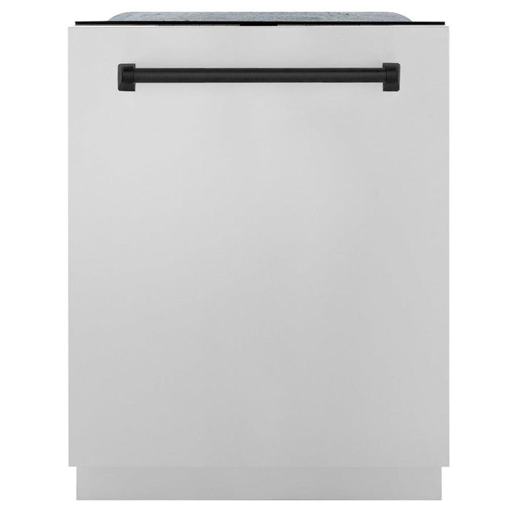 ZLINE Autograph Edition 48 in. Kitchen Package with Stainless Steel Dual Fuel Range, Range Hood, Dishwasher and Refrigeration Including External Water Dispenser with Matte Black Accents (4AKPR-RARHDWM48-MB)