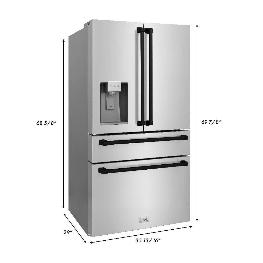 ZLINE Autograph Edition 48 in. Kitchen Package with Stainless Steel Dual Fuel Range, Range Hood, Dishwasher and Refrigeration Including External Water Dispenser with Matte Black Accents (4AKPR-RARHDWM48-MB)
