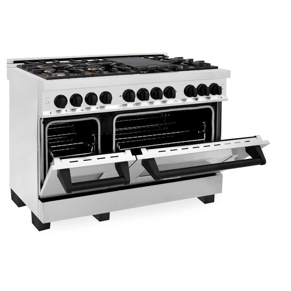 ZLINE Autograph Edition 48 in. Kitchen Package with Stainless Steel Dual Fuel Range, Range Hood, Dishwasher and Refrigeration Including External Water Dispenser with Matte Black Accents (4AKPR-RARHDWM48-MB)