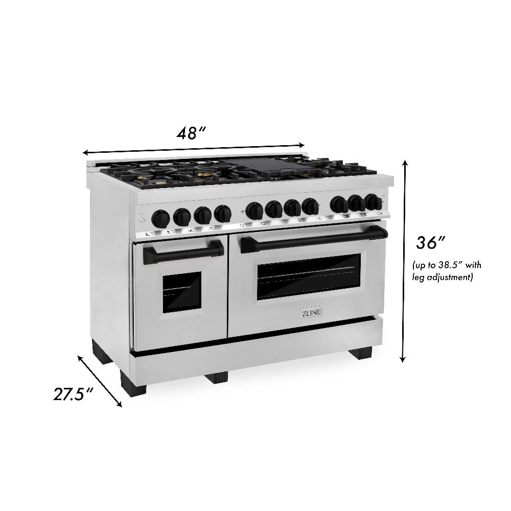 ZLINE Autograph Edition 48 in. Kitchen Package with Stainless Steel Dual Fuel Range, Range Hood, Dishwasher and Refrigeration Including External Water Dispenser with Matte Black Accents (4AKPR-RARHDWM48-MB)