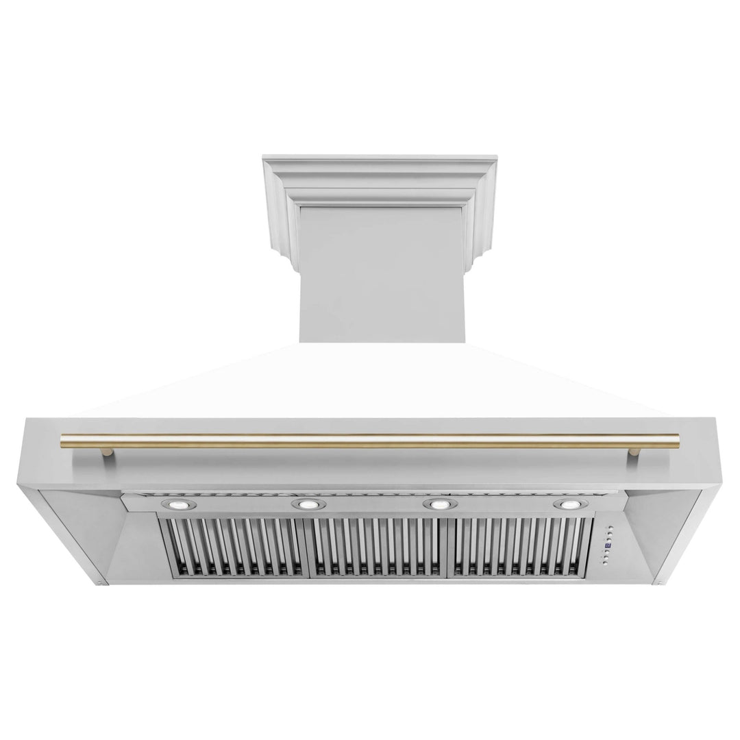 ZLINE Autograph Edition 48 in. Kitchen Package with Stainless Steel Dual Fuel Range with White Matte Door and Range Hood with Polished Gold Accents (2AKP-RAWMRH48-G)