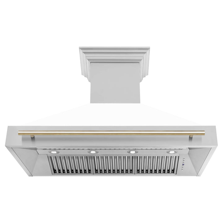 ZLINE Autograph Edition 48 in. Kitchen Package with Stainless Steel Dual Fuel Range with White Matte Door and Range Hood with Polished Gold Accents (2AKP-RAWMRH48-G)